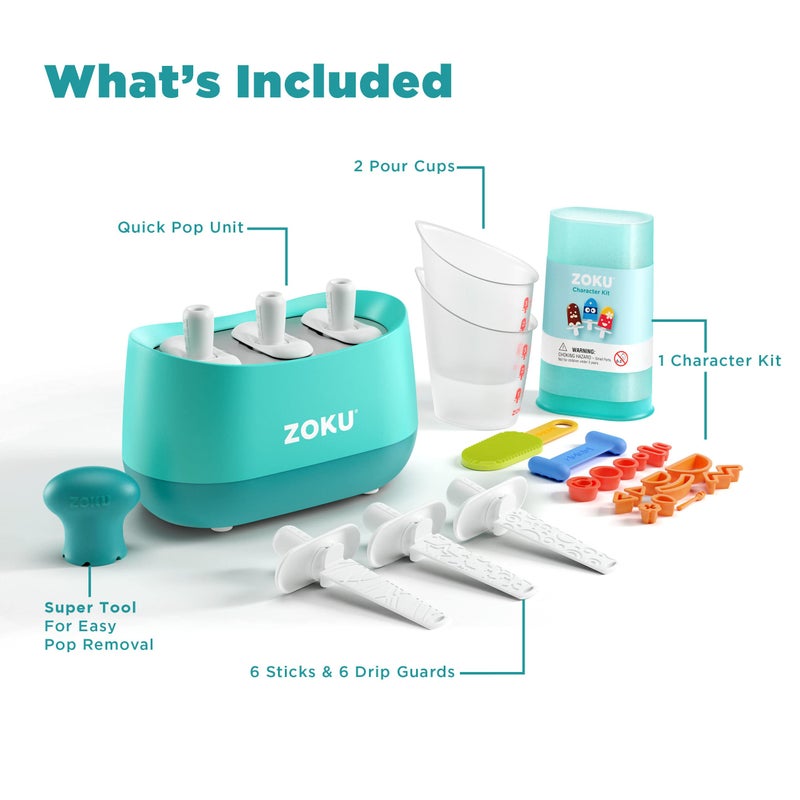 ZOKU New Triple Quick Pop Maker, Create 3 Popsicles in Minutes, Includes Super Tool, 6 Sticks and Drip Guards, 2 Pour Cups, and Character Kit, Blue - Image 5