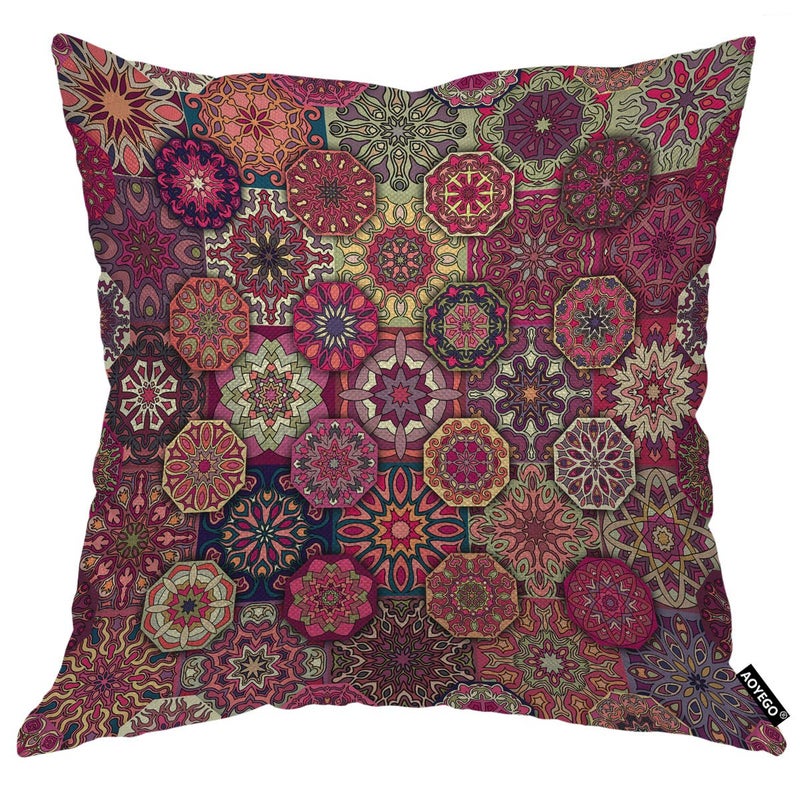AOYEGO Floral and Mandala Throw Pillow Cover African Bohemian Geometric Batik Color Ethnic Flower Pillow Case 18x18 Inch Decorative Cotton Linen Square Cushion for Home Couch Bed