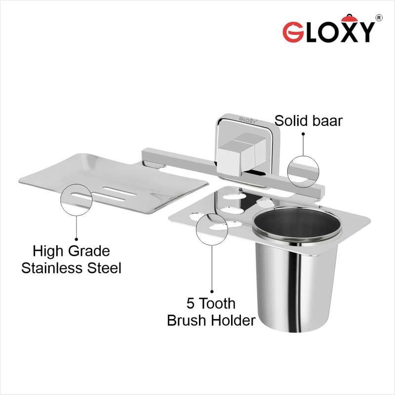 GLOXY Square Wall Mount Stainless Steel Toothbrush Holder, Tumbler Holder, Usable for Bathroom and Wash Basin Area, Bathroom Accessories -(Pack of 1) - Image 2