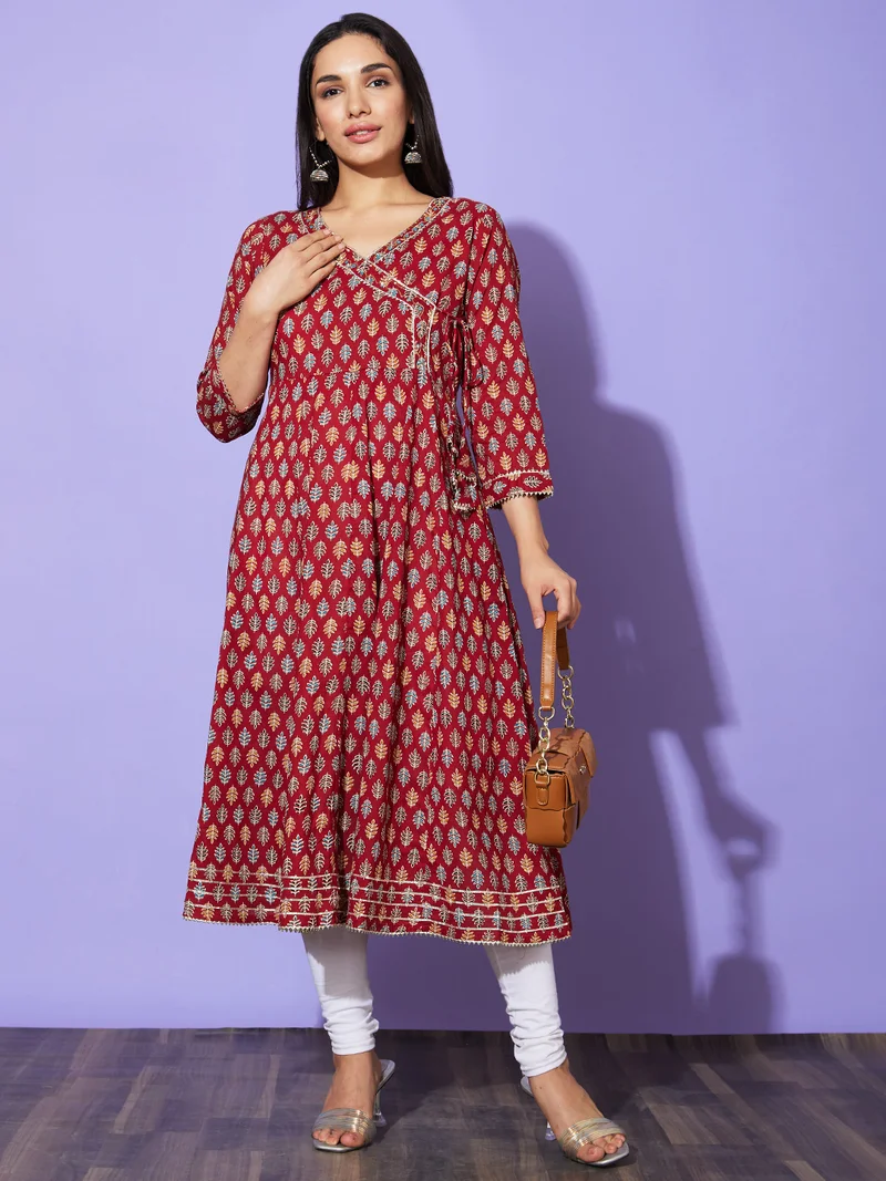 globus Women Maroon Floral Printed Regular Sleeves V Neck Cotton Casual A Line Kurta