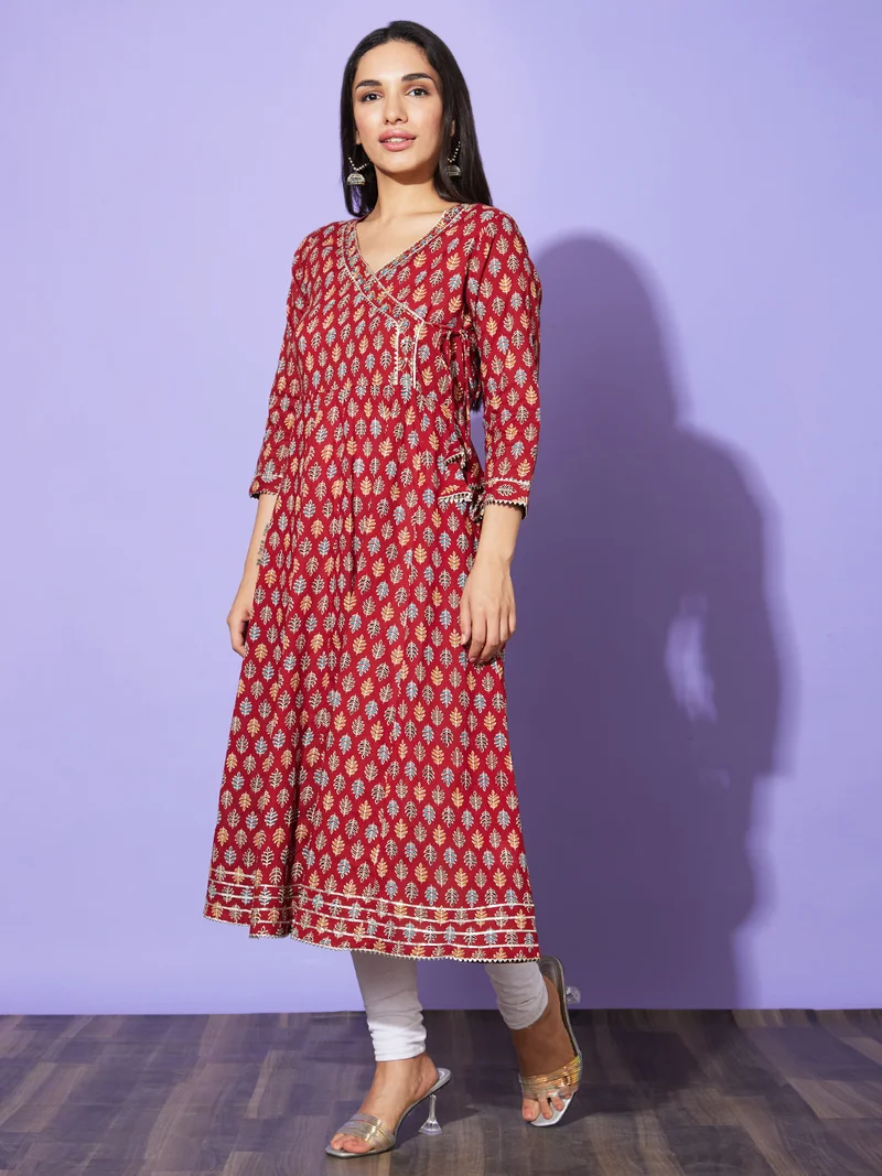 globus Women Maroon Floral Printed Regular Sleeves V Neck Cotton Casual A Line Kurta