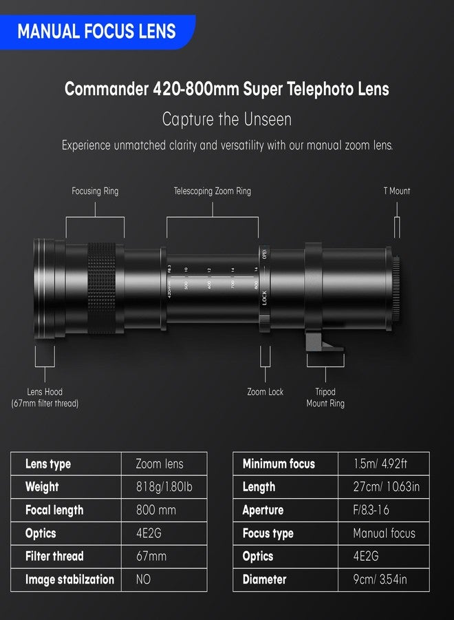 COMMANDER OPTICS 420-800mm f/8.3 Manual Telephoto Zoom Lens for Sony Alpha a9,Alpha a7,Alpha a6700,Alpha a5100,Alpha a3000,ZV-E10 and Other Sony E-Mount Cameras, Black - Image 2
