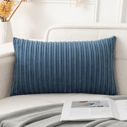 UGS UGASA UGASA 14x24 Inch Pillow Cover Pack of 1 Soft Boho Stripe Corduroy Long Rectangular Lumbar Cushion Cover Farmhouse Decorative Throw Pillowcase for Bed, Couch, Sofa, Bedroom, Living Room, Dusty Blue - Image 1