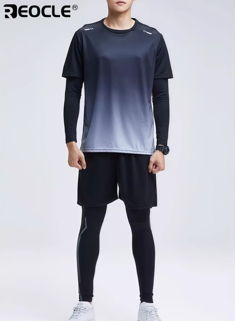 ريوكل 3 قطع رجالي مجموعة اللياقة البدنية شورتات رياضية قصيرة الأكمام قميص وطبقة قاعدة بنطلون مزيج البوليستر ملابس رياضية صيفية للجري والتدريب تجريب ملابس رياضية للرجال - Image 2