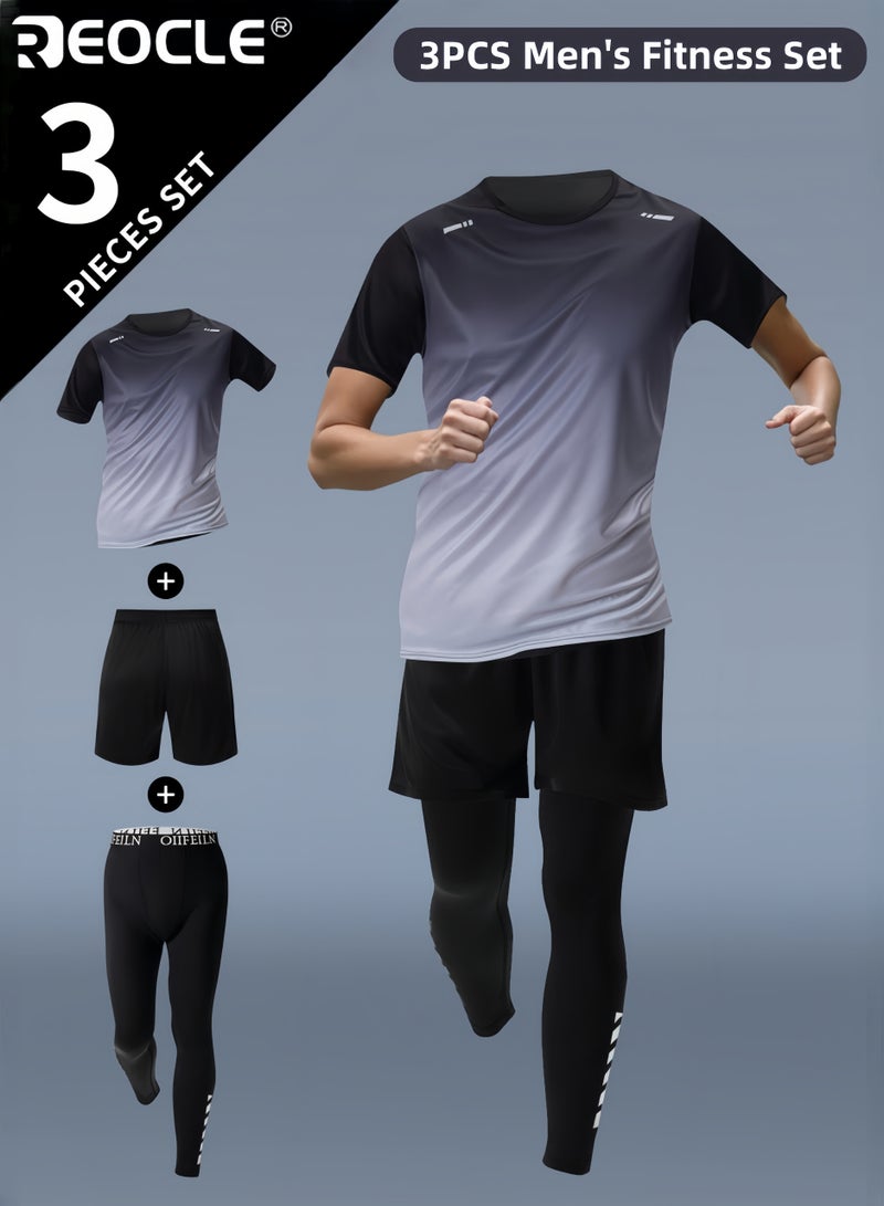 ريوكل 3 قطع رجالي مجموعة اللياقة البدنية شورتات رياضية قصيرة الأكمام قميص وطبقة قاعدة بنطلون مزيج البوليستر ملابس رياضية صيفية للجري والتدريب تجريب ملابس رياضية للرجال - Image 1
