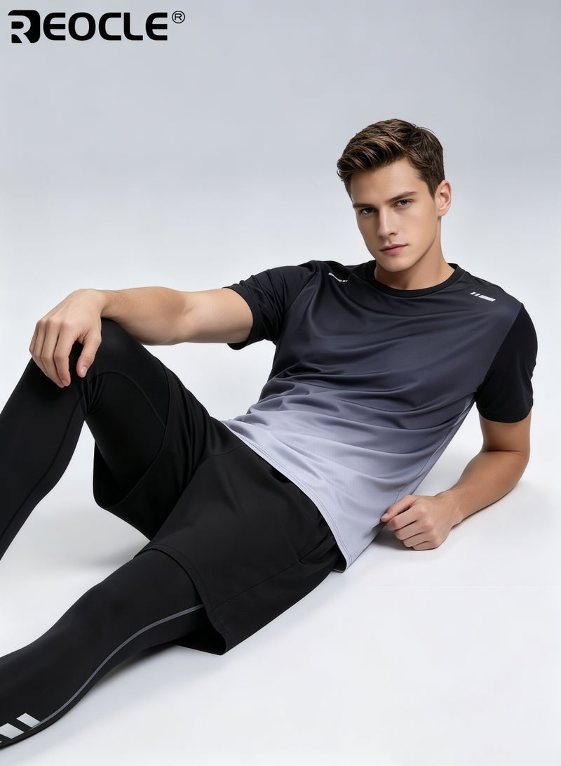 REOCLE 3PCS Men's Fitness Set Athletic Shorts Short Sleeve Shirt and Base Layer Pants Polyester Blend Summer Sportswear for Running and Training Workout Apparel Gym Clothes for Men - Image 4