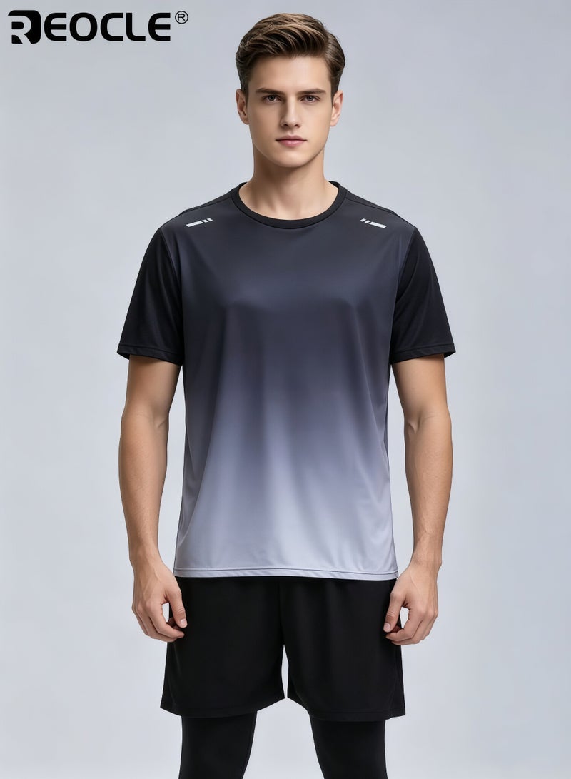 REOCLE 3PCS Men's Fitness Set Athletic Shorts Short Sleeve Shirt and Base Layer Pants Polyester Blend Summer Sportswear for Running and Training Workout Apparel Gym Clothes for Men - Image 2