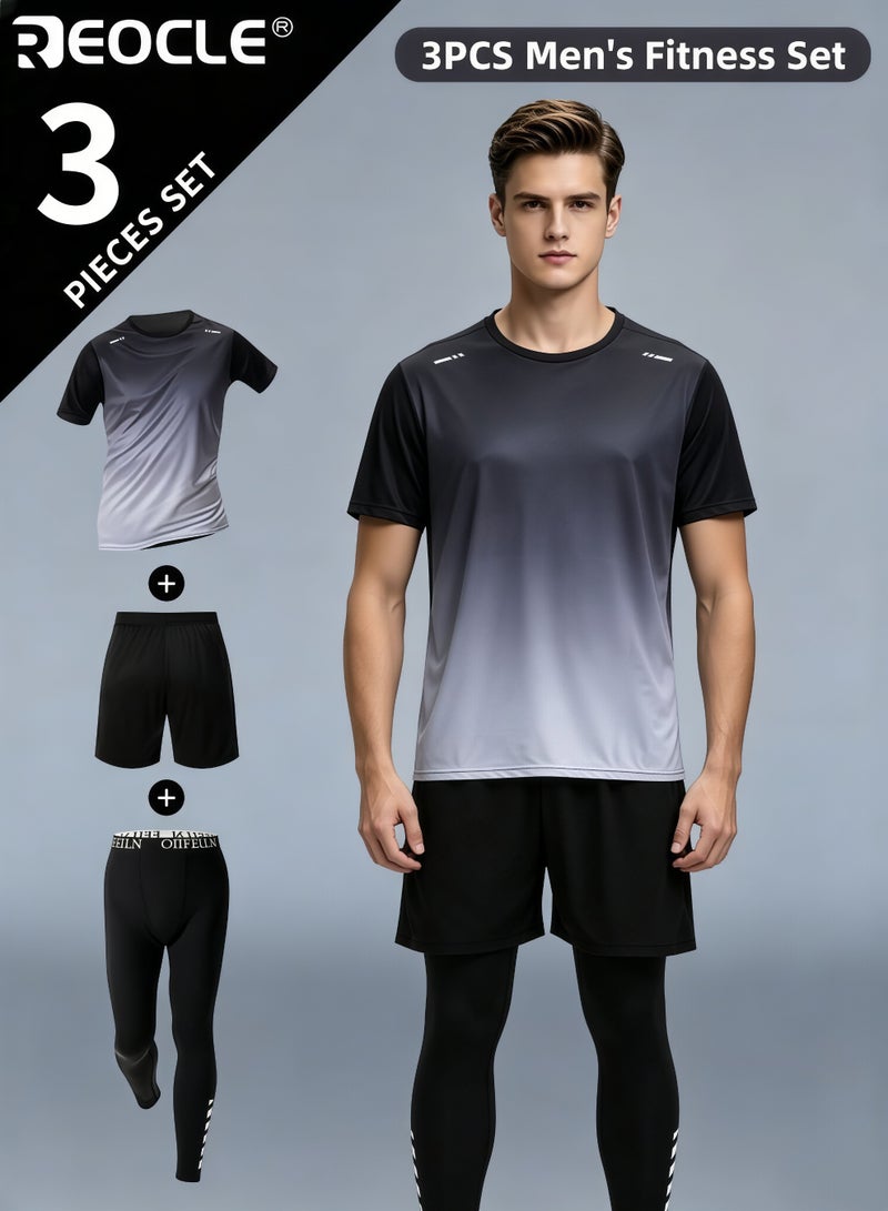 REOCLE 3PCS Men's Fitness Set Athletic Shorts Short Sleeve Shirt and Base Layer Pants Polyester Blend Summer Sportswear for Running and Training Workout Apparel Gym Clothes for Men - Image 1