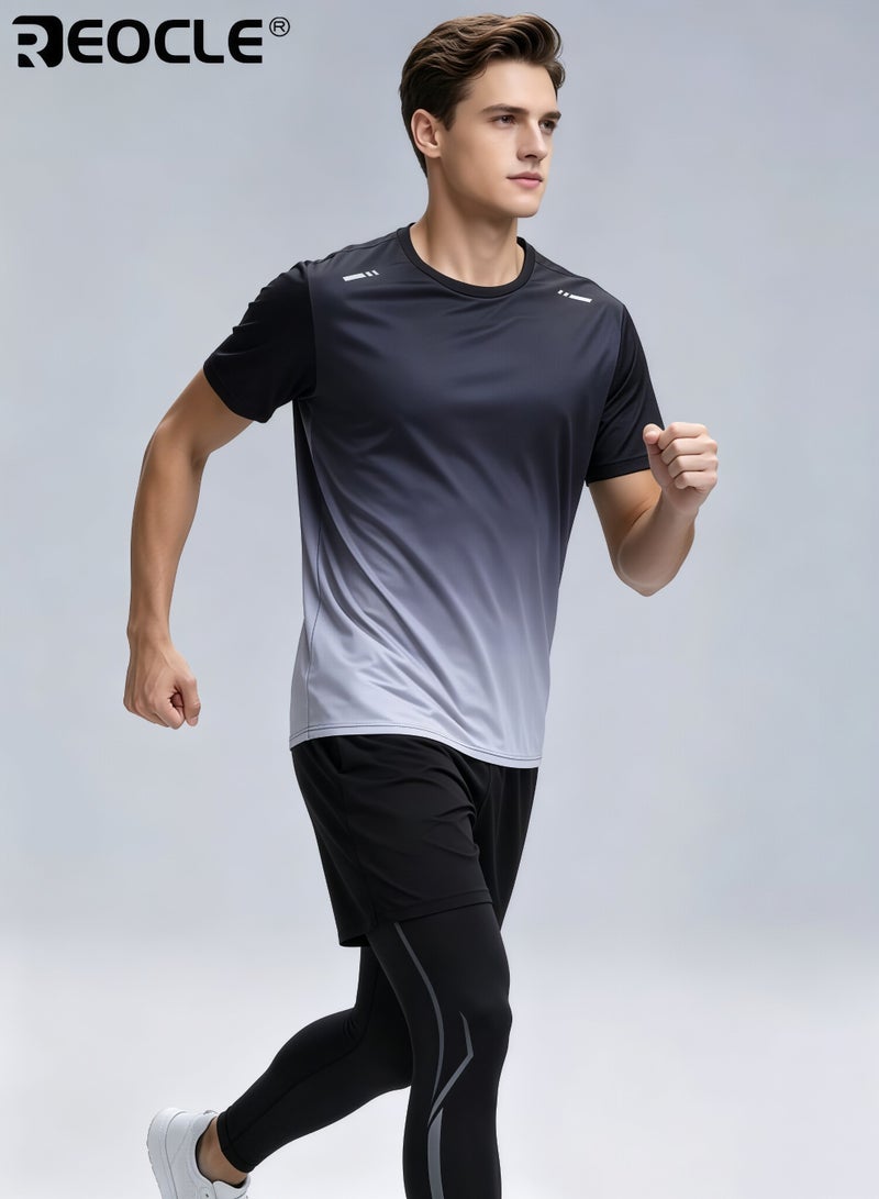 REOCLE 3PCS Men's Fitness Set Athletic Shorts Short Sleeve Shirt and Base Layer Pants Polyester Blend Summer Sportswear for Running and Training Workout Apparel Gym Clothes for Men - Image 3