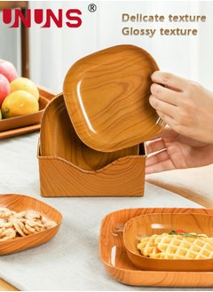 UNUNS 8 Pcs Wooden Grain Plates,Square Dinner Plate Tray Set With Storage Holder,Reusable Appetizer Dessert Plates Set,Heavy Duty Elegant Trays,Sturdy Dinner Plates For Dishes Snack Dessert Salad  - Image 2