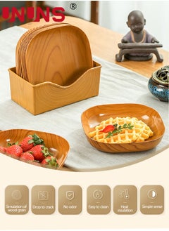 UNUNS 8 Pcs Wooden Grain Plates,Square Dinner Plate Tray Set With Storage Holder,Reusable Appetizer Dessert Plates Set,Heavy Duty Elegant Trays,Sturdy Dinner Plates For Dishes Snack Dessert Salad  - Image 3
