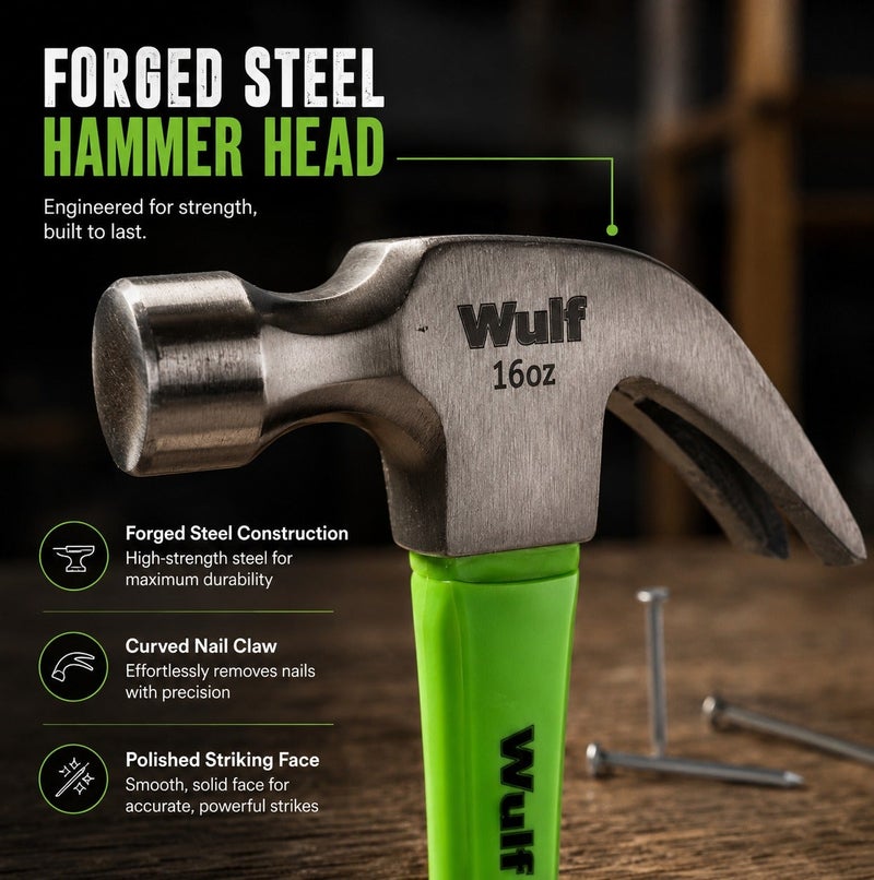 WULF Claw Hammer 16oz with Ergonomic Non-Slip Rubber Grip Handle, Forged Steel Hammer Head with Polished Claw for Carpentry, Nail Pulling, Construction, Woodworking & Heavy-Duty Professional Use - Image 2