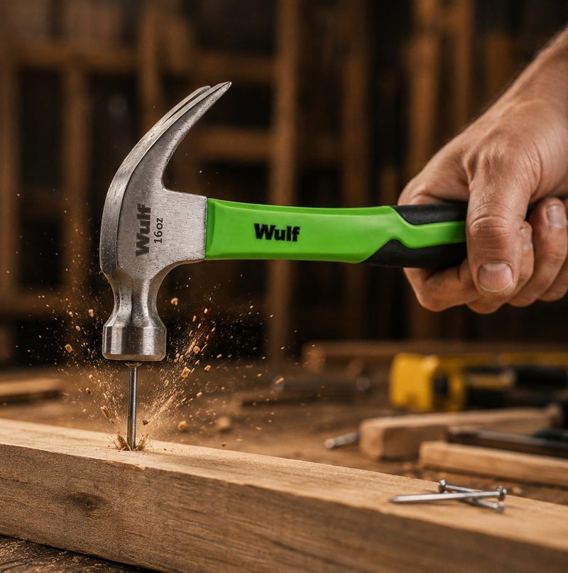 WULF Claw Hammer 16oz with Ergonomic Non-Slip Rubber Grip Handle, Forged Steel Hammer Head with Polished Claw for Carpentry, Nail Pulling, Construction, Woodworking & Heavy-Duty Professional Use - Image 4