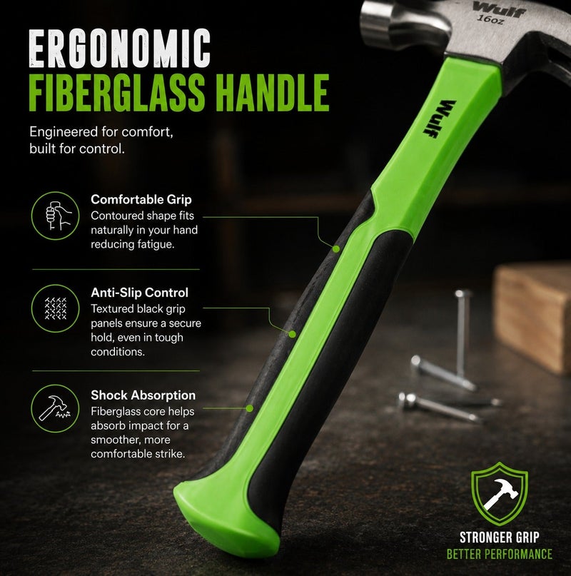 WULF Claw Hammer 16oz with Ergonomic Non-Slip Rubber Grip Handle, Forged Steel Hammer Head with Polished Claw for Carpentry, Nail Pulling, Construction, Woodworking & Heavy-Duty Professional Use - Image 3