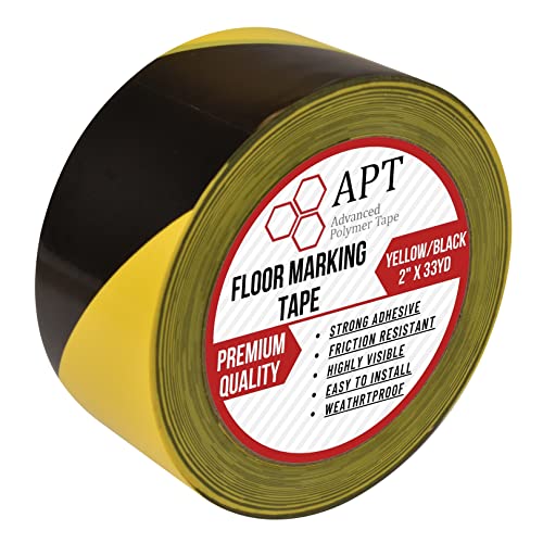 APT Advanced Polymer Tape APT Premium Black and Yellow Striped Vinyl Floor Safety Marking Tape, Excellent for Hazard Caution& Warning, Social Distancing, Warehouse & Gym Floor (2 Inch, Yellow/Black) - Image 1