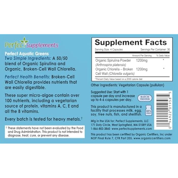 Perfect Supplements – Perfect Aquatic Greens – 120 Vegetable Capsules – Organic Spirulina and Chlorella Supplement – Nutritious Superfood - Image 2