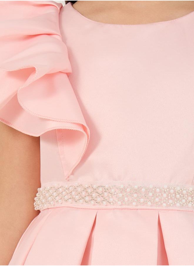 Styli Solid One Ruffled Sleeve Dress with Embellished Tie-Up Belt  - Image 3