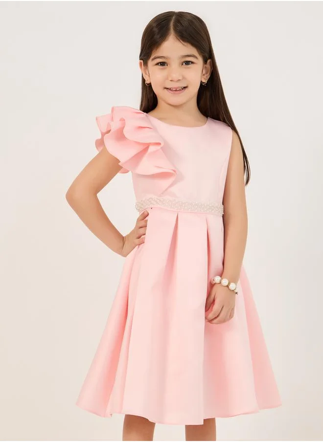 ستايلي Solid One Ruffled Sleeve Dress with Embellished Tie-Up Belt