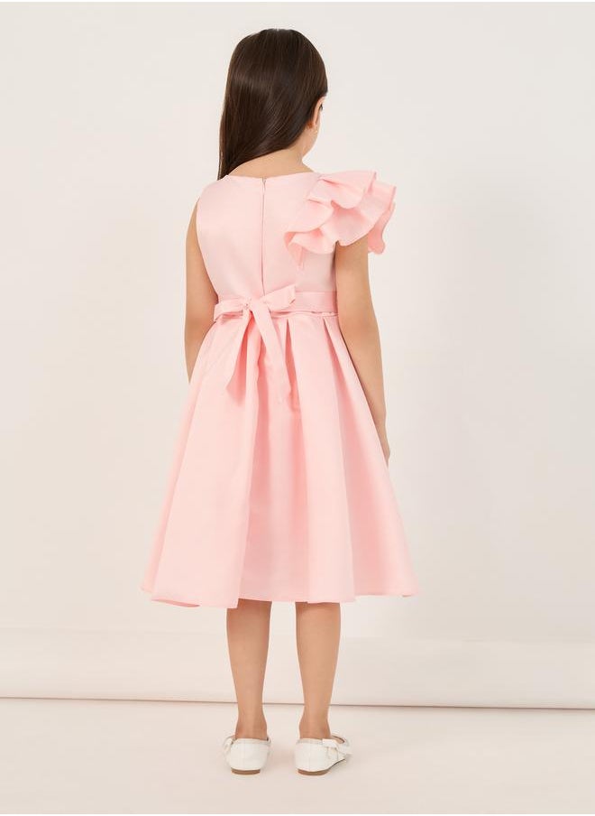 Styli Solid One Ruffled Sleeve Dress with Embellished Tie-Up Belt  - Image 4
