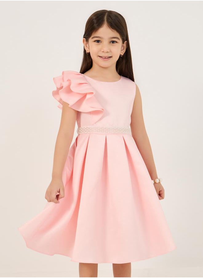 Styli Solid One Ruffled Sleeve Dress with Embellished Tie-Up Belt  - Image 1