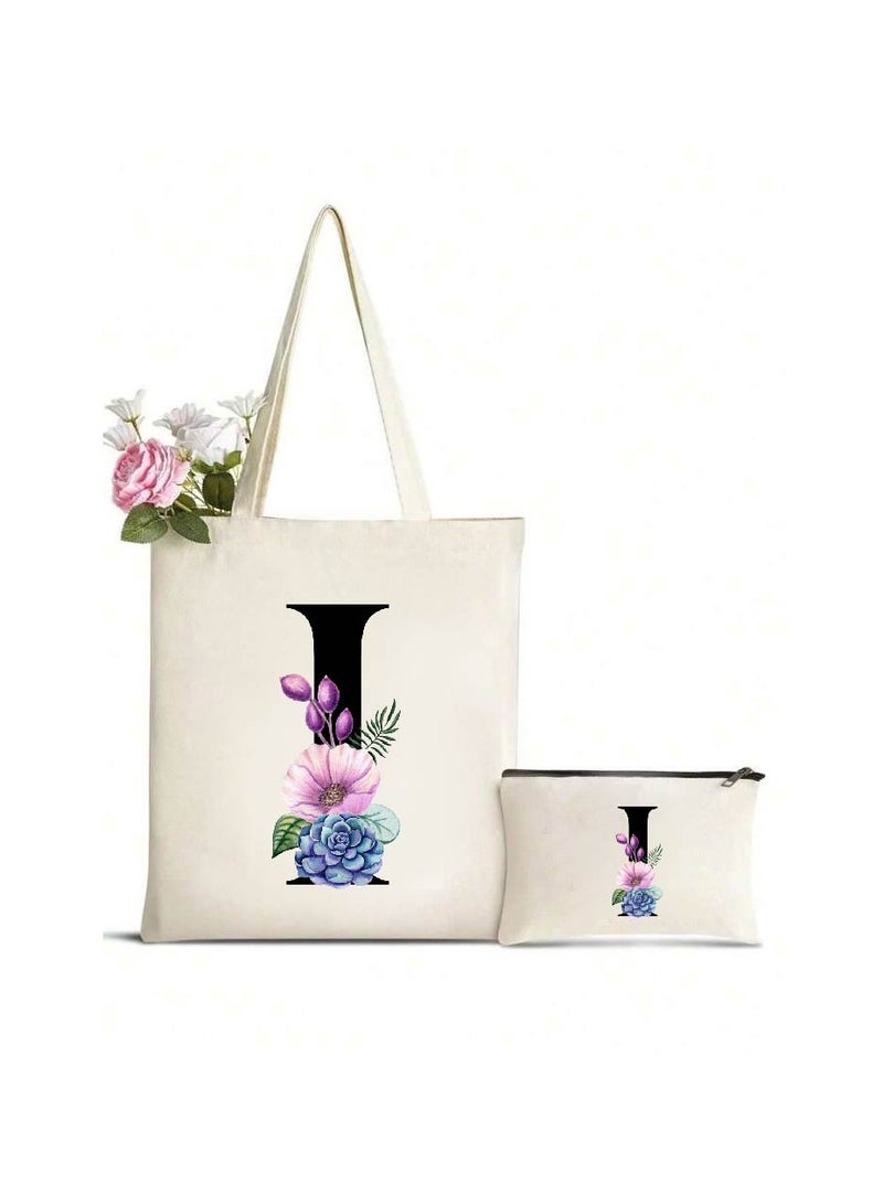 PRINTSHOP4ME Initial Monogrammed Canvas Tote Bag and Matching Makeup Bag Set - Thoughtful Gifts for Women, Teachers, College Students, Bridesmaids, Reusable Grocery Bags, Wedding, Holiday Shopping and Travel - Image 1