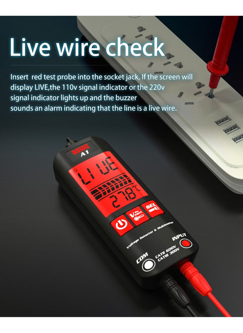 BSIDE A1 جهاز قياس متعدد صغير LCD كاشف جهد رقمي 2000 عدد تيار مستمر/تيار متردد مقاومة تردد الجهد NCV استمرارية سلك مباشر سلك محايد تحقق من مقياس RMS الحقيقي
