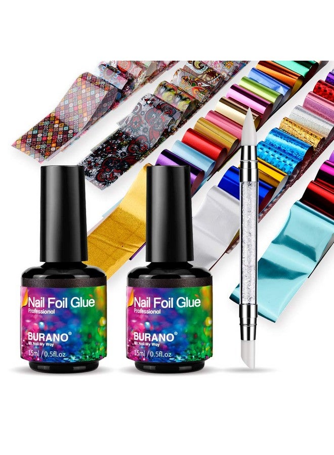 BURANO Nail Art Foil Glue Gel 15Ml 2 Bottles With 60Pcs Foils Sticker Nails Designer Adhesive Transfer Art Uv Led Lamp Required - Image 1