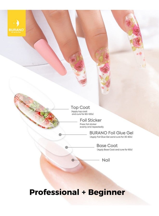 BURANO Nail Art Foil Glue Gel 15Ml 2 Bottles With 60Pcs Foils Sticker Nails Designer Adhesive Transfer Art Uv Led Lamp Required - Image 4
