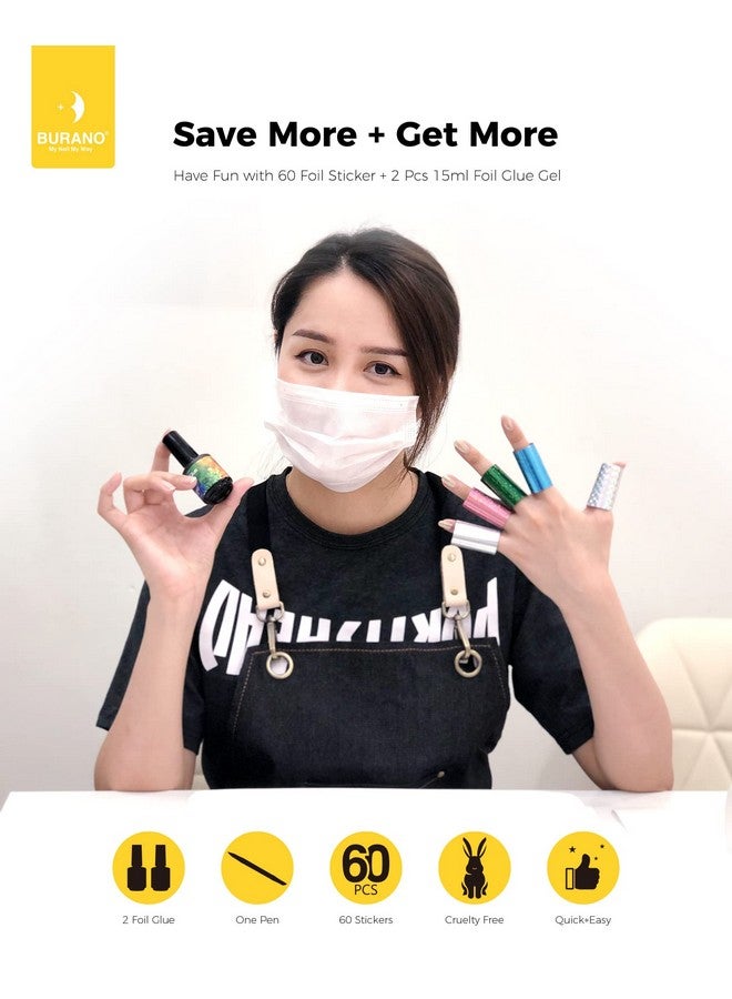 BURANO Nail Art Foil Glue Gel 15Ml 2 Bottles With 60Pcs Foils Sticker Nails Designer Adhesive Transfer Art Uv Led Lamp Required - Image 5