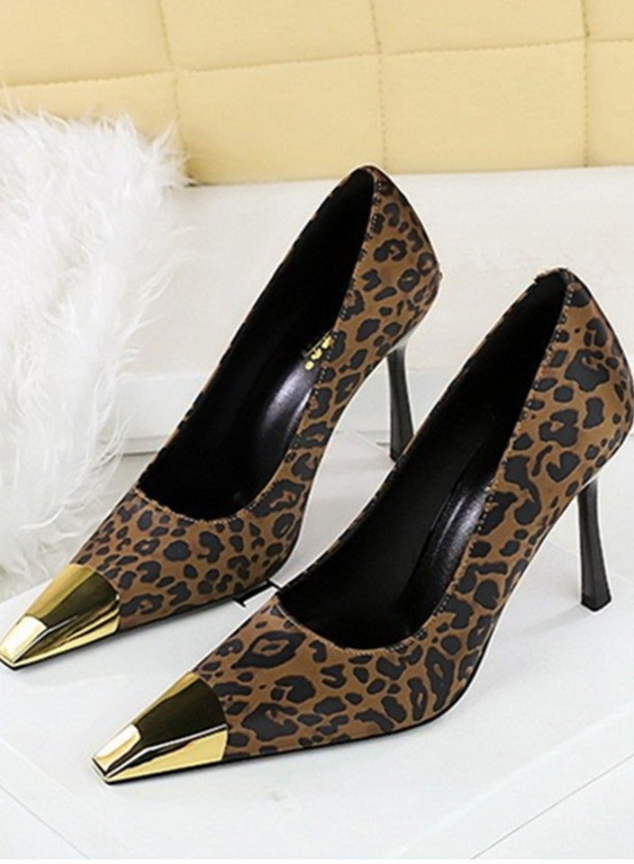 بيج تري المرأة أنيقة معدنية مغلقة أشارت إصبع القدم كعب عالية مضخات الحزب النمر الطباعة 9.5CM - Image 1