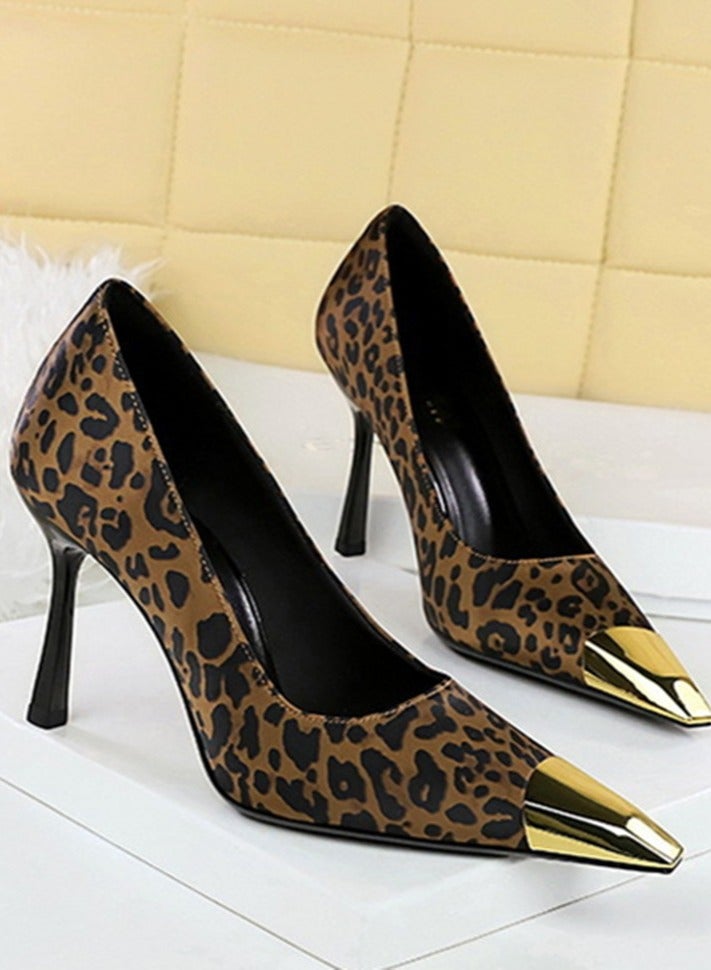 بيج تري المرأة أنيقة معدنية مغلقة أشارت إصبع القدم كعب عالية مضخات الحزب النمر الطباعة 9.5CM - Image 2