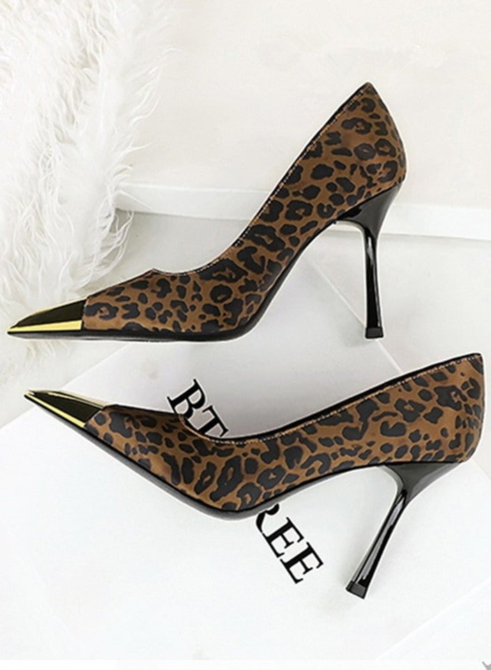 بيج تري المرأة أنيقة معدنية مغلقة أشارت إصبع القدم كعب عالية مضخات الحزب النمر الطباعة 9.5CM - Image 3