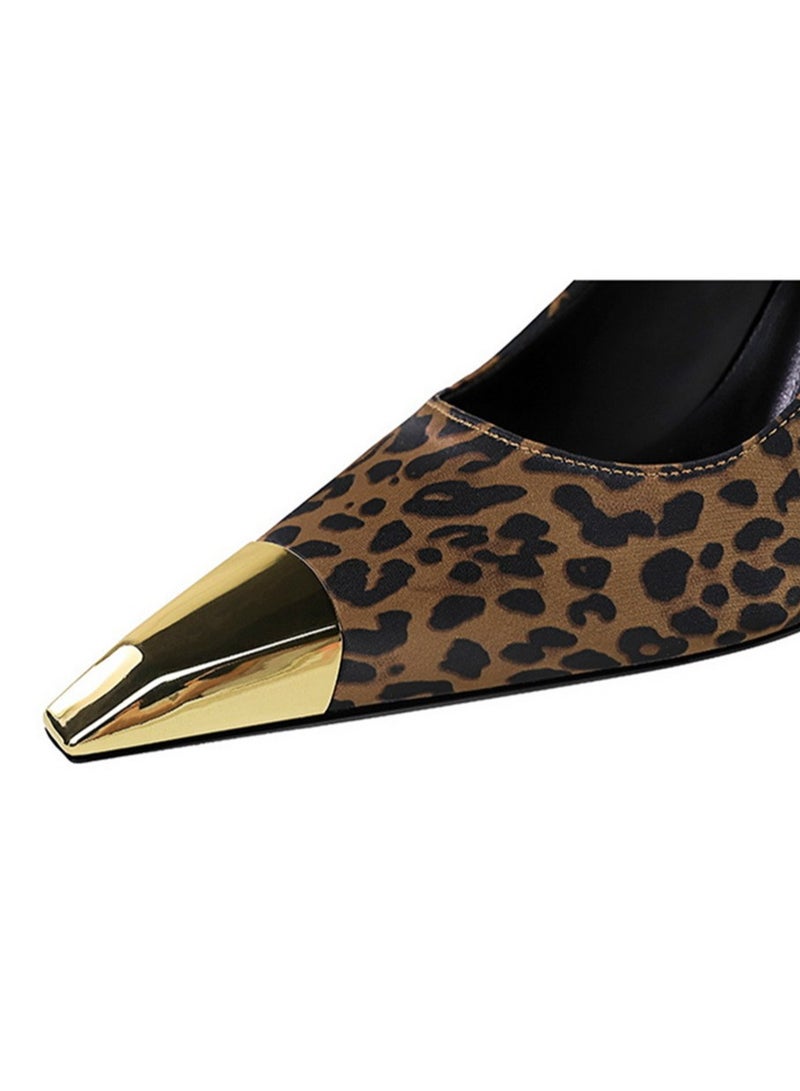 بيج تري المرأة أنيقة معدنية مغلقة أشارت إصبع القدم كعب عالية مضخات الحزب النمر الطباعة 9.5CM - Image 4