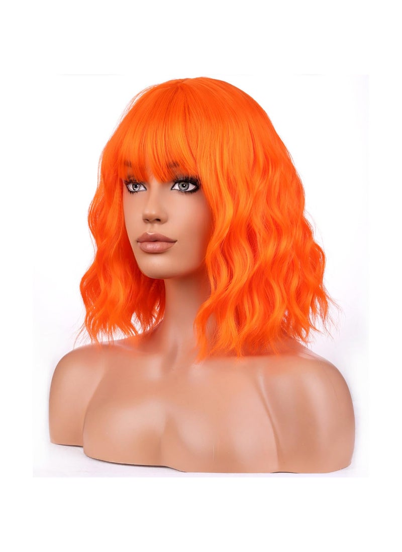 BERON BERON Orange Wigs for Women Short Curly Girls Neon Orange Wig Womens Bright Colored 12 Wavy Bob Heat Resistant Synthetic Hair Wig with Wig Cap 