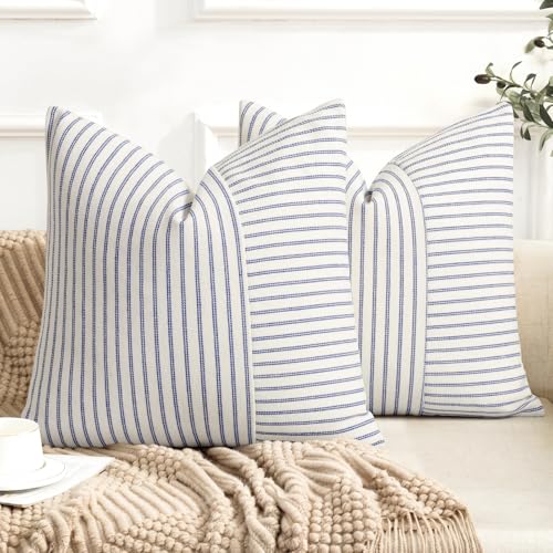 YCOLL Farmhouse Pillow Covers 24x24 Modern Accent Square Throw Pillow Covers Set of 2 Blue and Beige Striped Patchwork Linen Decorative Pillows Cushion Covers for Couch Chair Bedroom Home Decor