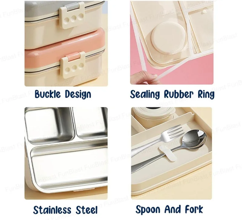 Mobcos Carnival Super Birdy Lunch Box 3 Layer Stainless Steel Lunch Box Comes with 1 Detachable Tray, 1 Small Container & 1 Spoon Ideal for Kids BPA Free 1120ml+70ml- Snow Blue