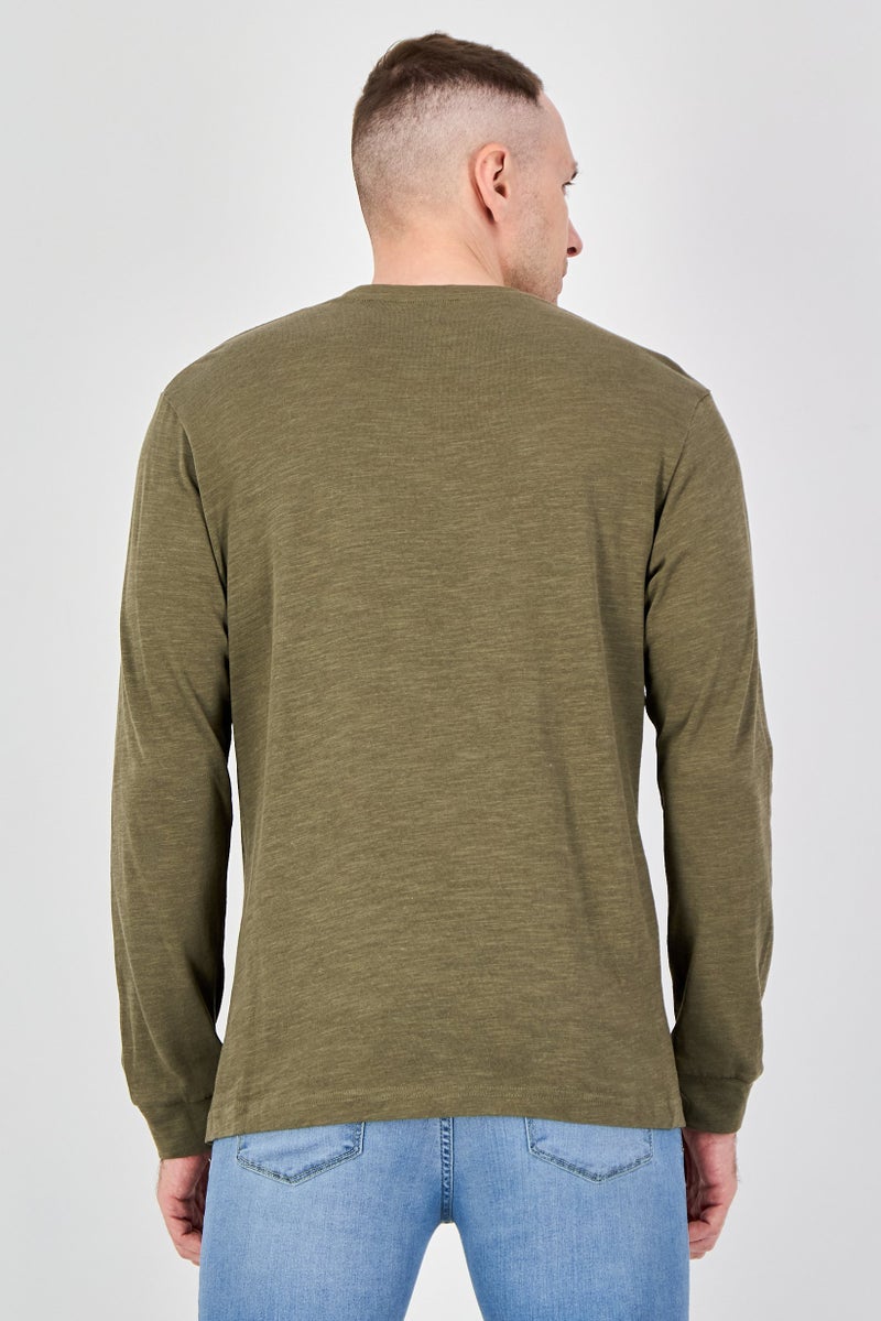 Celio Men Crew Neck Long Sleeve Heather T-Shirt, Olive - Image 3