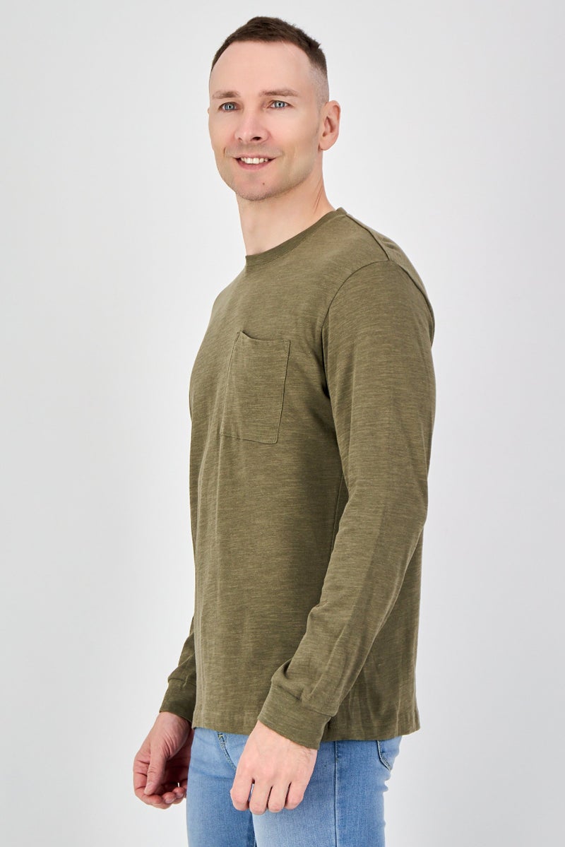 Celio Men Crew Neck Long Sleeve Heather T-Shirt, Olive - Image 2