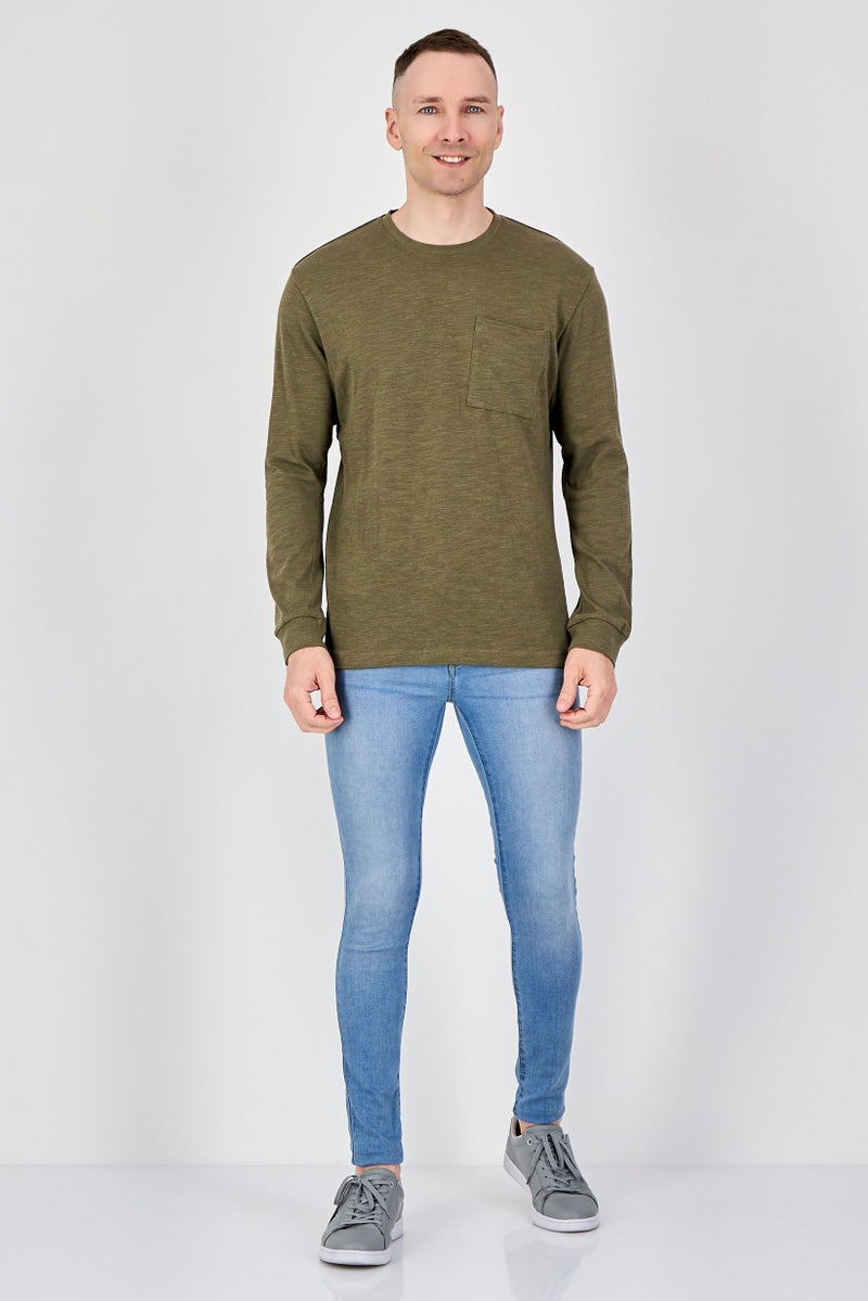 Celio Men Crew Neck Long Sleeve Heather T-Shirt, Olive - Image 4