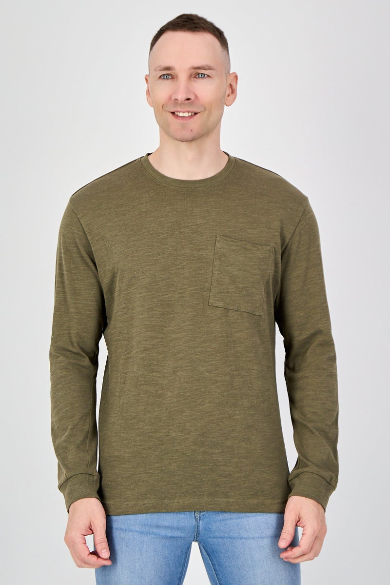 Celio Men Crew Neck Long Sleeve Heather T-Shirt, Olive - Image 1
