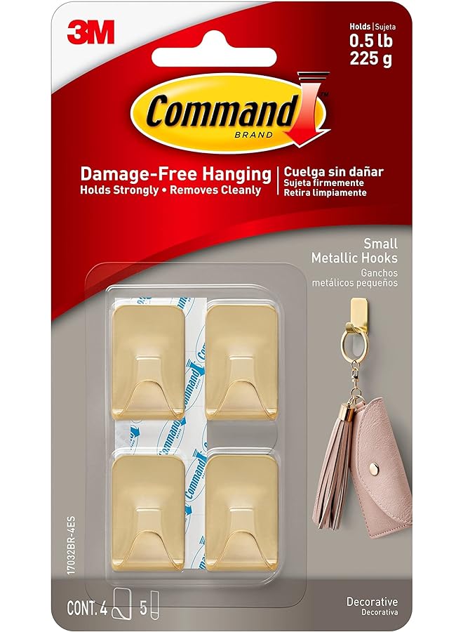 Command 17032G4Ukn Metallic Hook Small Gold Color Organize And Decorate Damagefree. 4 Hooks And 5 Strips/Pack - Image 1