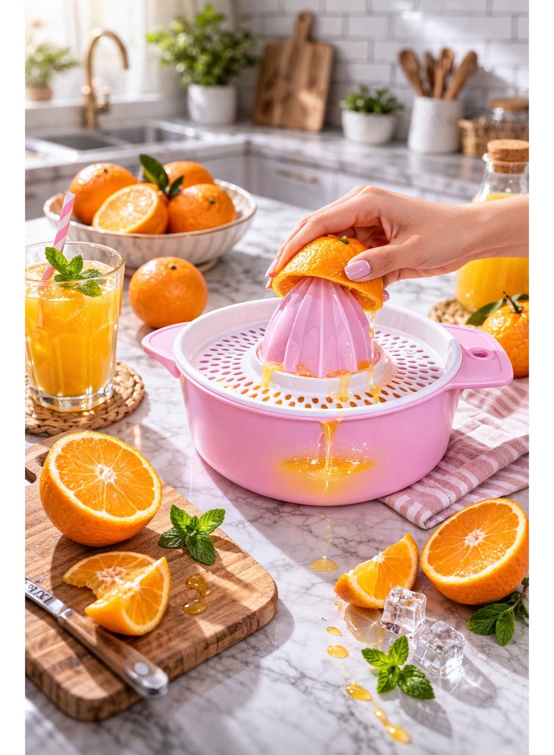 عصارة برتقال وليمون وفواكه حمضية يدوية بلاستيك مع وعاء ومصفاة بفتحة صب ومقبض - وردي (بينك) - Image 2