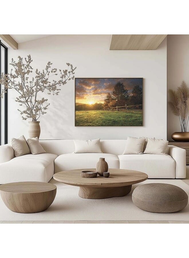 هوم جاليري منظر طبيعي لمزرعة مسيجة عند شروق الشمس مطبوعة على قماش كانفس  . - Image 2