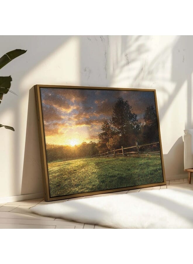 هوم جاليري منظر طبيعي لمزرعة مسيجة عند شروق الشمس مطبوعة على قماش كانفس  . - Image 1
