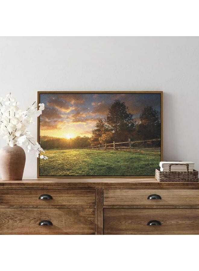 هوم جاليري منظر طبيعي لمزرعة مسيجة عند شروق الشمس مطبوعة على قماش كانفس  . - Image 4