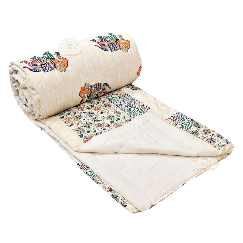 AARMOZY Cotton Quilt 400 TC Traditional Handmade Rajasthani Quilt Vibrant Designs Sanganeri Print Lightweight Warmth Single Bed, Multicolor (55X85 Inches) - Image 1