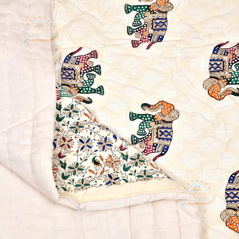 AARMOZY Cotton Quilt 400 TC Traditional Handmade Rajasthani Quilt Vibrant Designs Sanganeri Print Lightweight Warmth Single Bed, Multicolor (55X85 Inches) - Image 3
