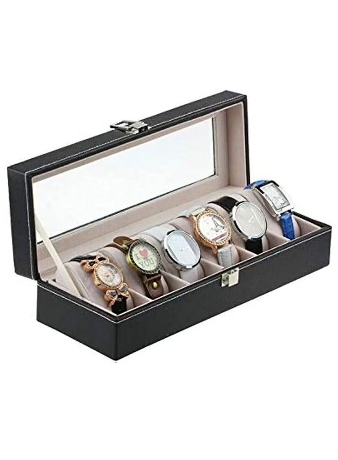 BLOOMING TIME 6 Storage Slots, The Watch Box Is Square, With A Large Capacity, And The Leather Dust-Proof And Scratch-Resistant Storage Box Is Portable (Black) - Image 1
