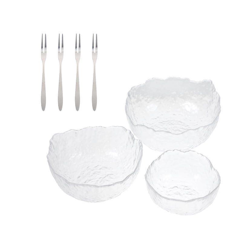 Hammered Texture Glass Salad Bowl Set with 4 Forks for Dessert Fruit Kitchen Tableware - Image 2