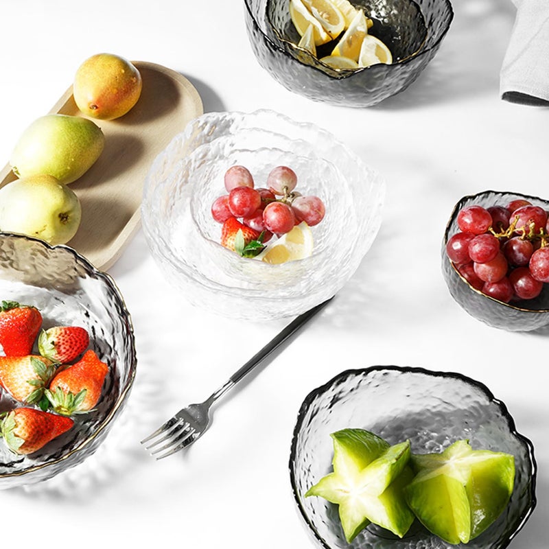 Hammered Texture Glass Salad Bowl Set with 4 Forks for Dessert Fruit Kitchen Tableware - Image 5